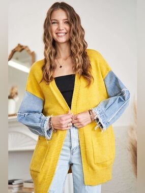 ADORA Full Size Frayed Denim Sleeve Sweater Cardigan Plus Size